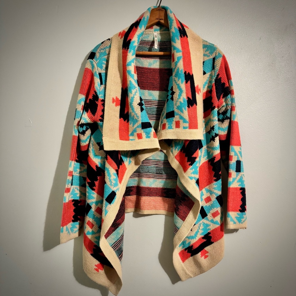 Women’s Asymmetrical Open Front Cardigan | Boho Aztec Earthy Cottagecore Size L